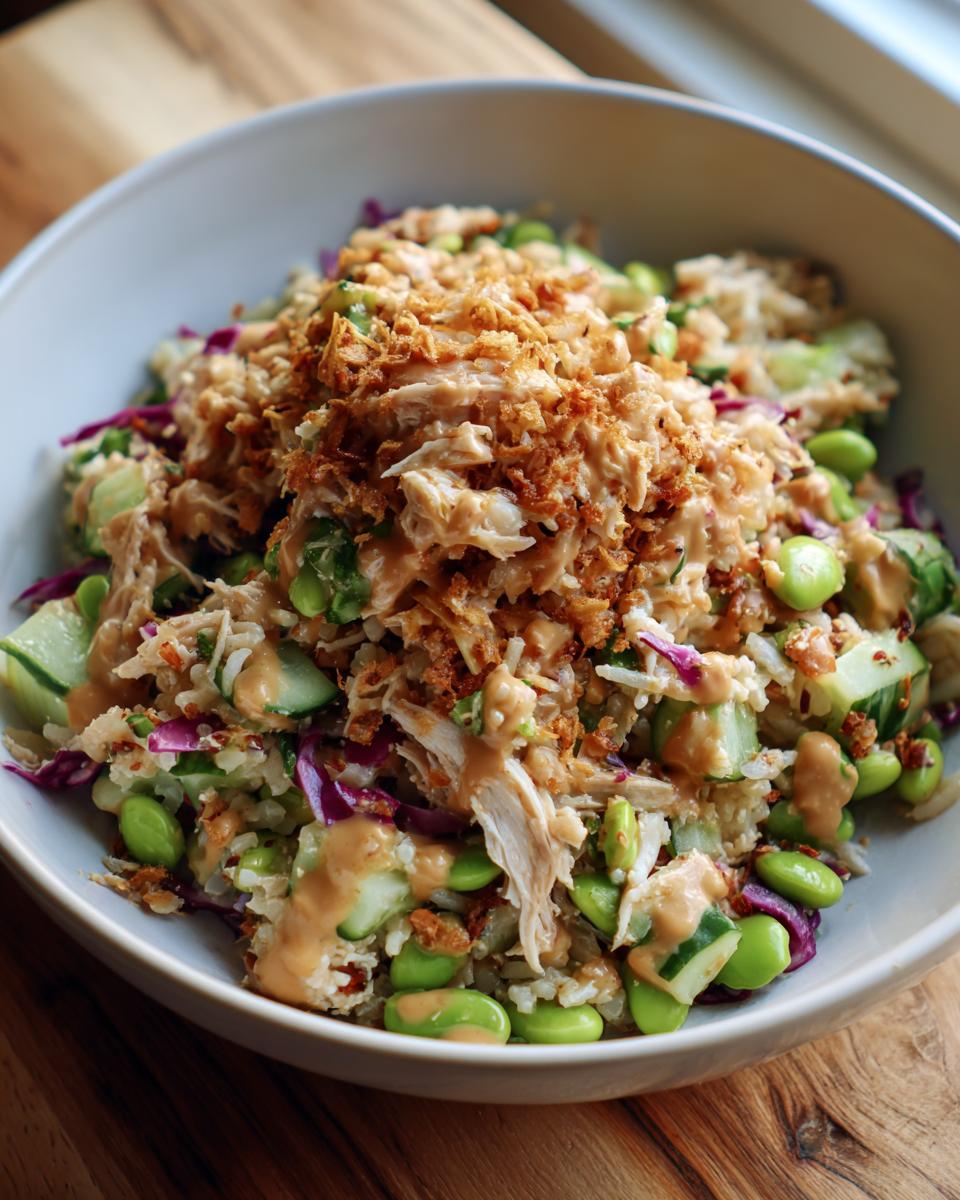 A bowl of crispy rice salad topped with shredded chicken, edamame, cucumber, and crispy fried onions.