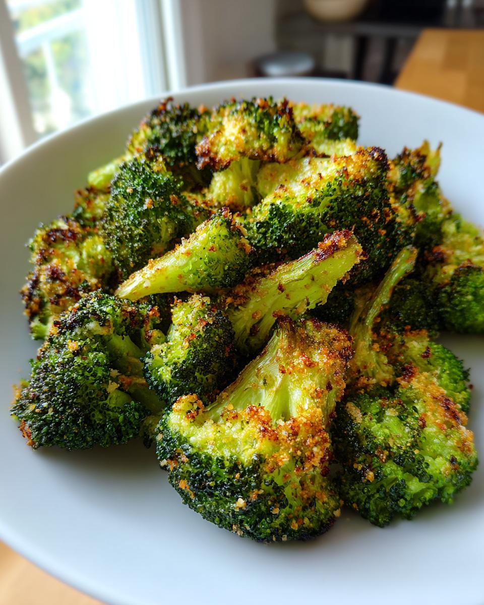 Close-up of perfectly crispy roasted broccoli florets piled high in a white bowl, showing golden-brown seasoning.