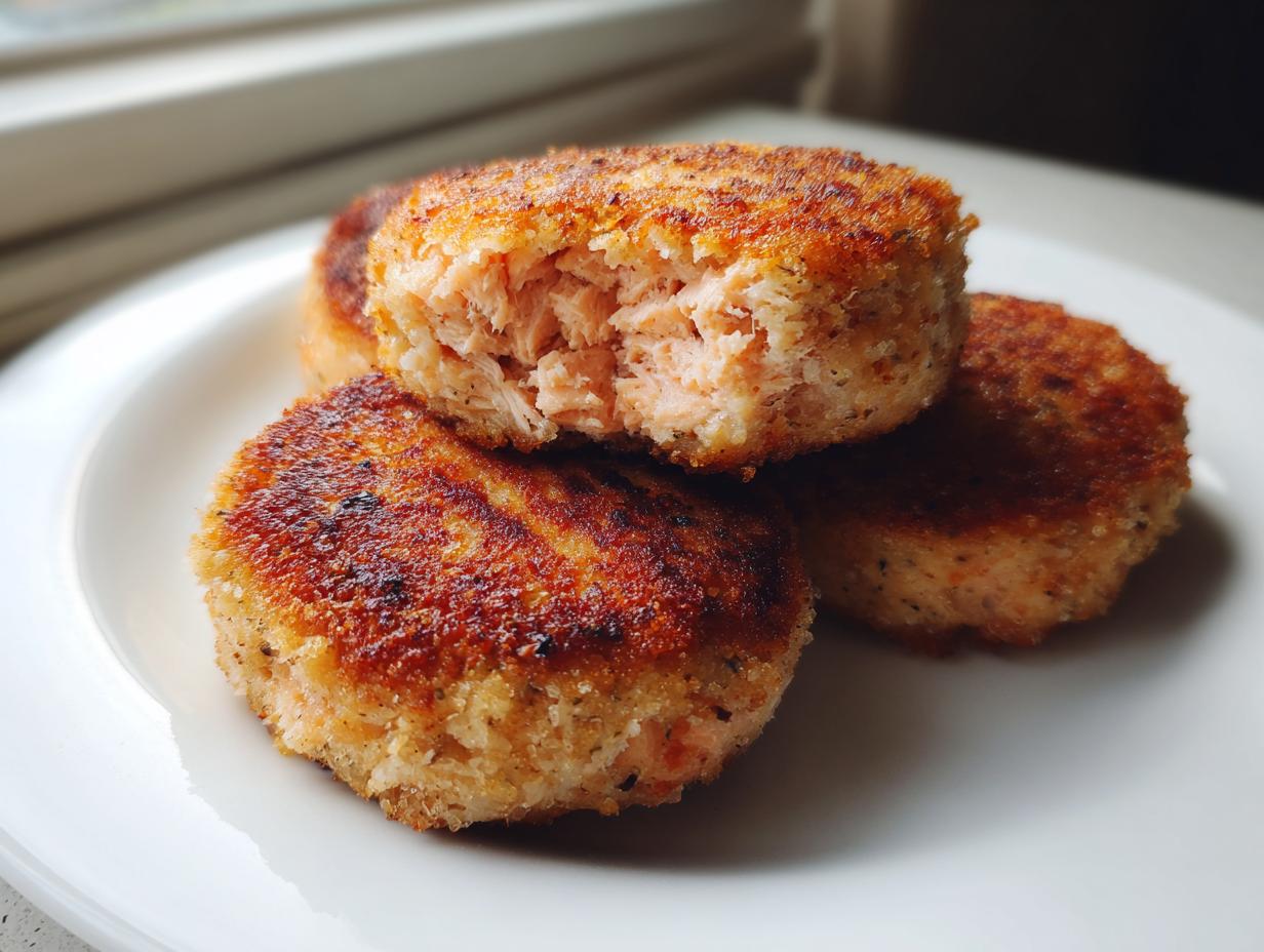 Close-up of three crispy, golden-brown salmon cakes stacked on a white plate, one broken open showing flaky interior.