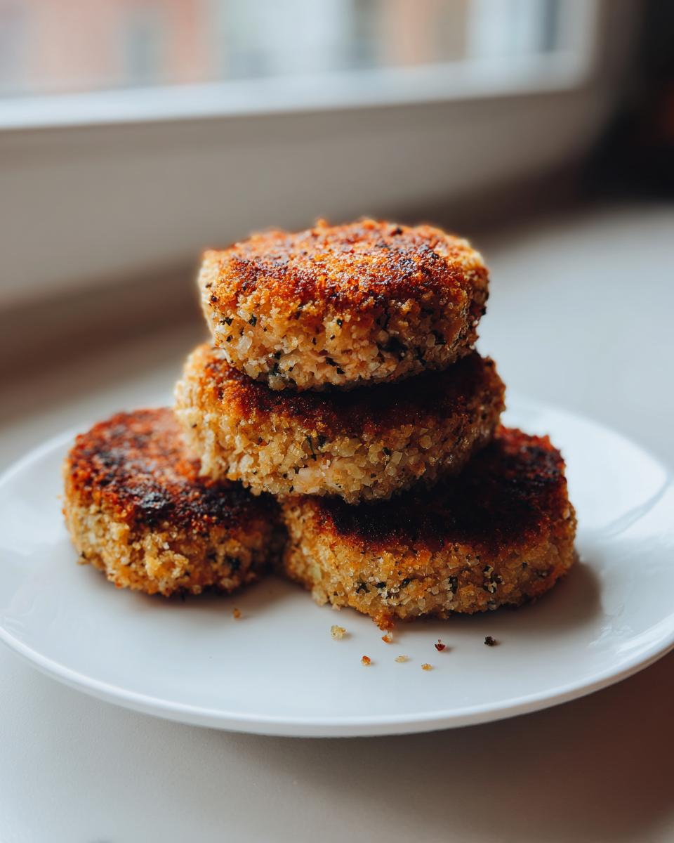 Four perfectly crispy salmon cakes stacked on a white plate, showing a golden-brown, textured crust.