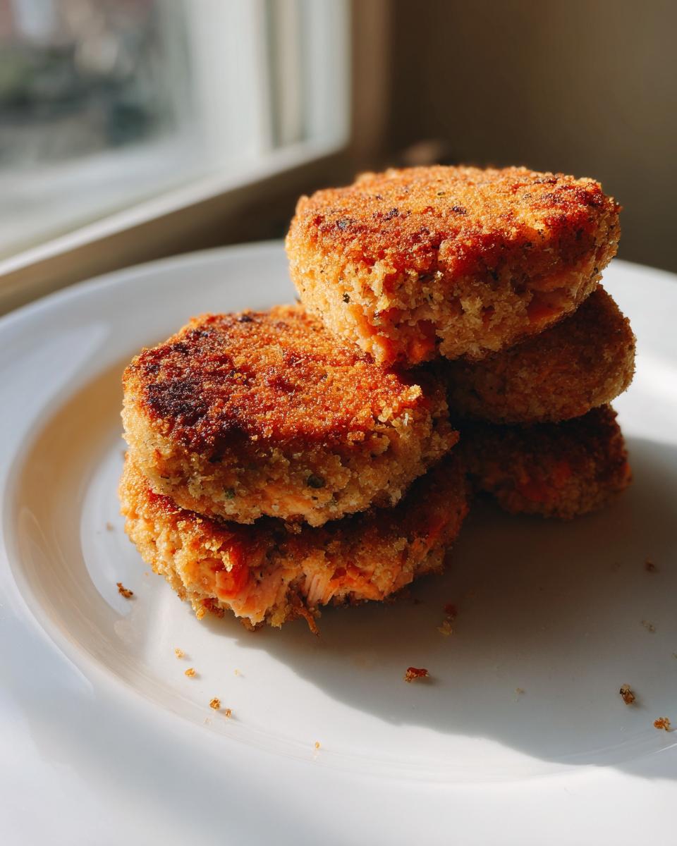 A stack of four perfectly golden and crispy salmon cakes resting on a white plate, showing the flaky interior of one cake.