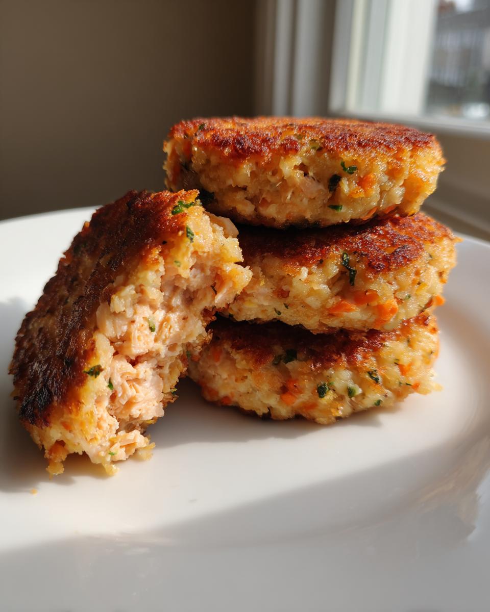 A stack of three crispy salmon cakes, with one broken open to show the flaky salmon interior.