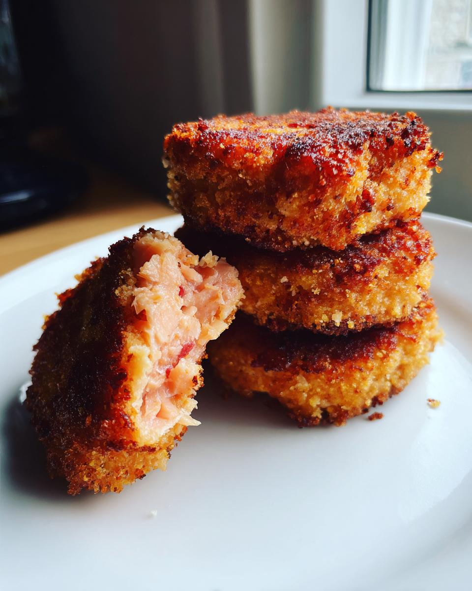 A stack of three crispy, golden-brown salmon cakes with one cake broken open to show the flaky salmon interior.