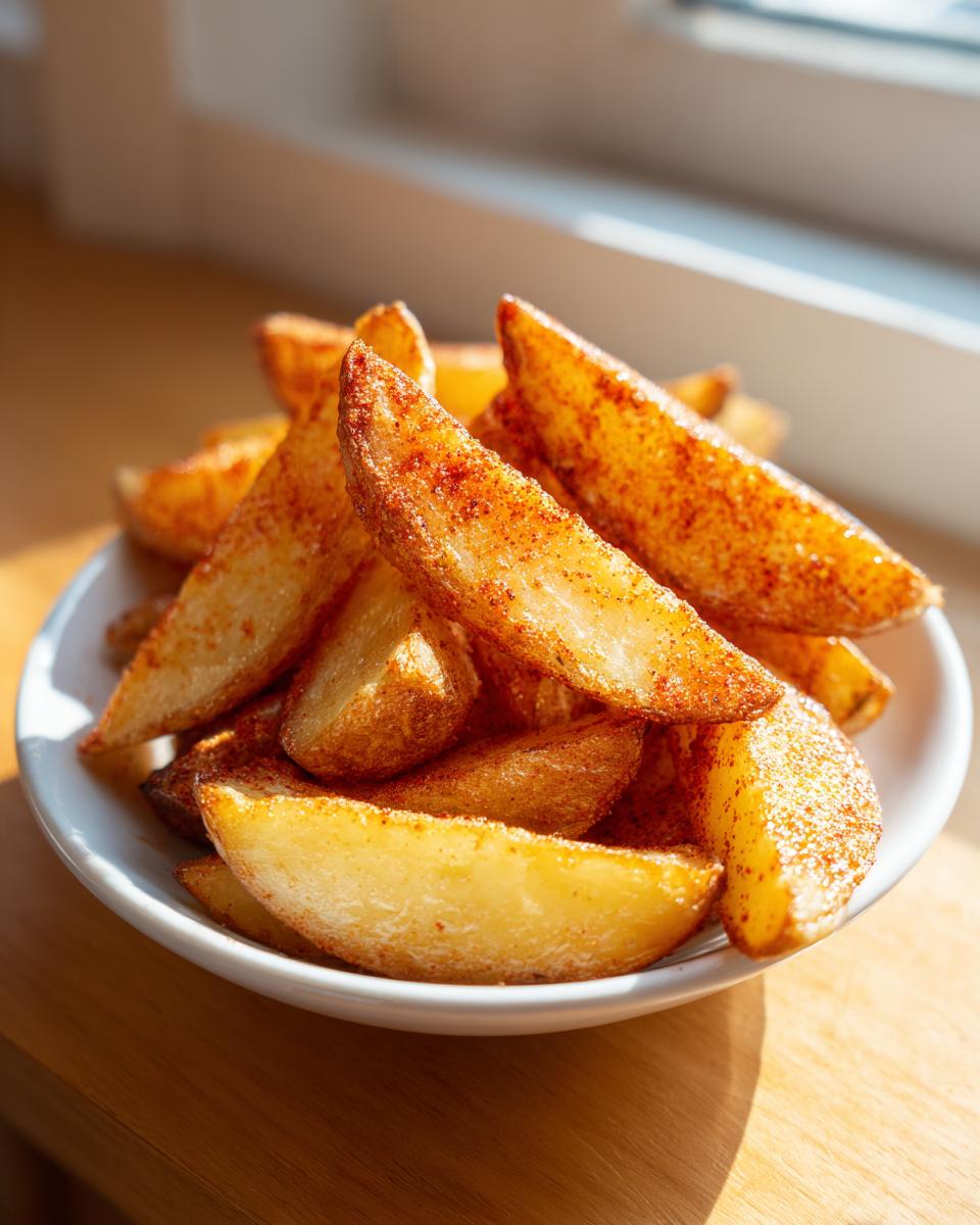 A close-up of golden brown, seasoned potato wedges piled high in a small white bowl, catching sunlight.