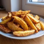 A generous pile of golden brown, seasoned potato wedges baked until crisp, served on a white plate.