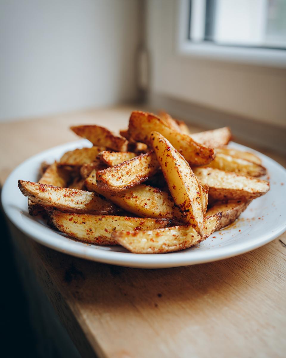 A close-up of perfectly baked, crispy potato wedges seasoned with paprika, served on a white plate.