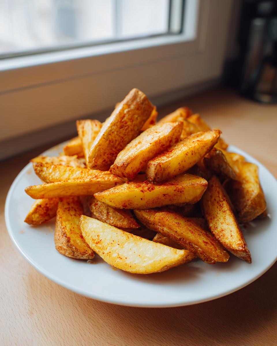 A generous serving of golden, crispy potato wedges seasoned with paprika, piled high on a white plate near a window.