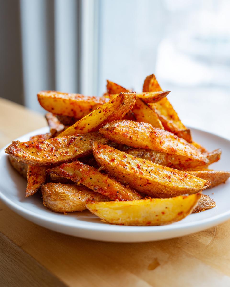 A close-up of a mound of perfectly baked, crispy potato wedges seasoned with paprika and pepper.