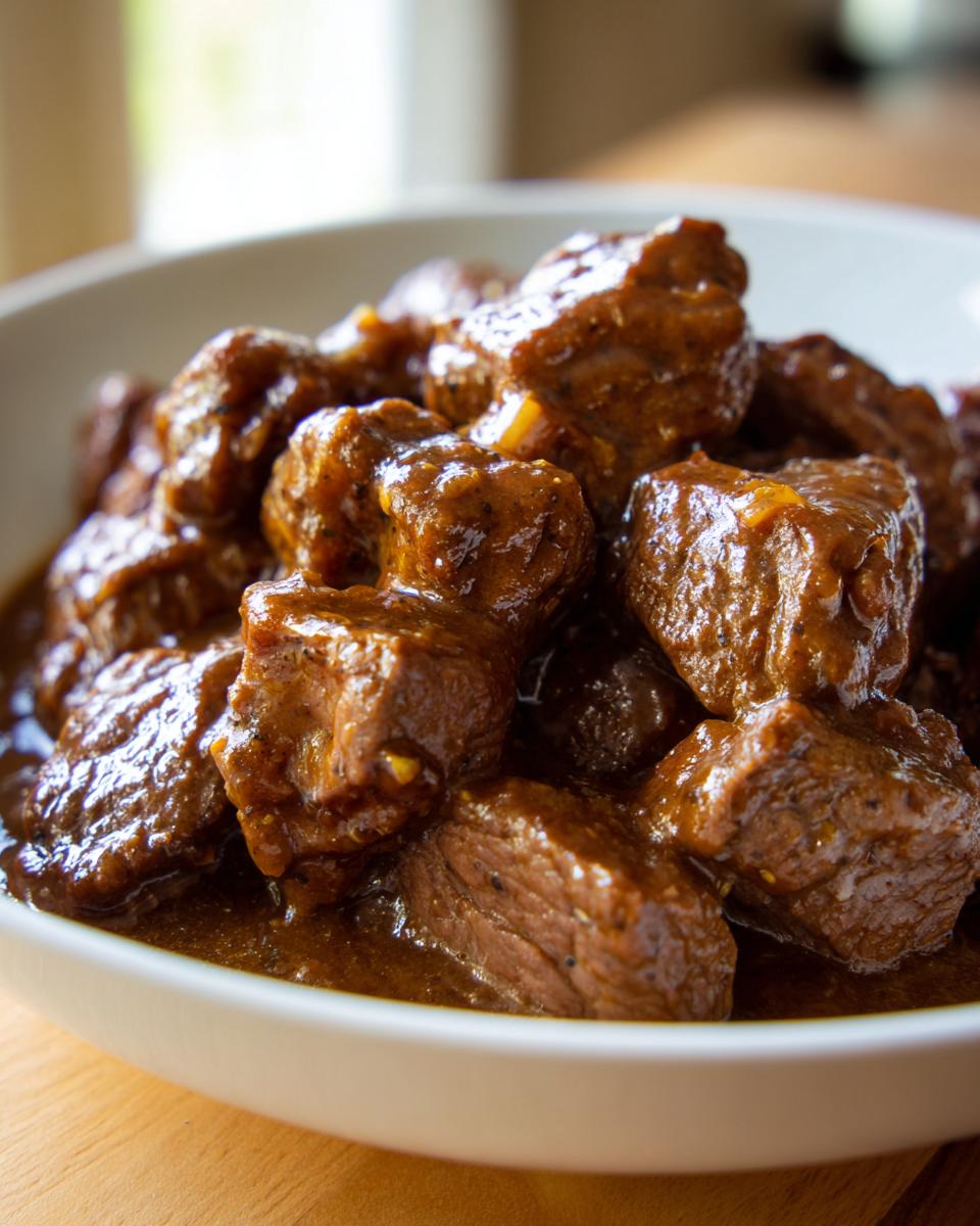 Close-up of tender crockpot beef tips smothered in a thick, rich brown gravy served in a white bowl.