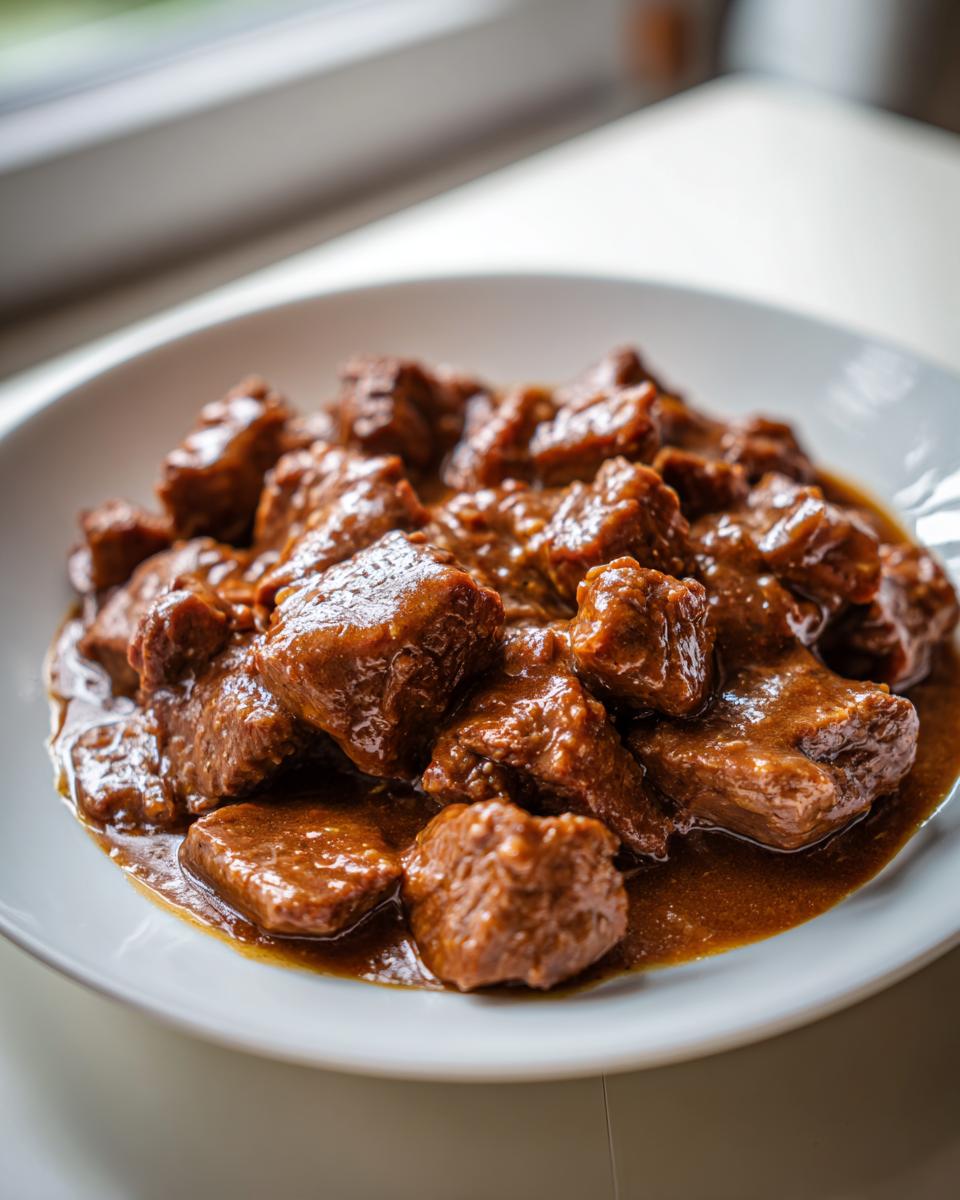 Close-up of tender crockpot beef tips smothered in a thick, rich brown gravy served on a white plate.