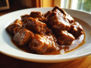 Close-up of tender crockpot beef tips smothered in a rich, glossy brown sauce served on a white plate.