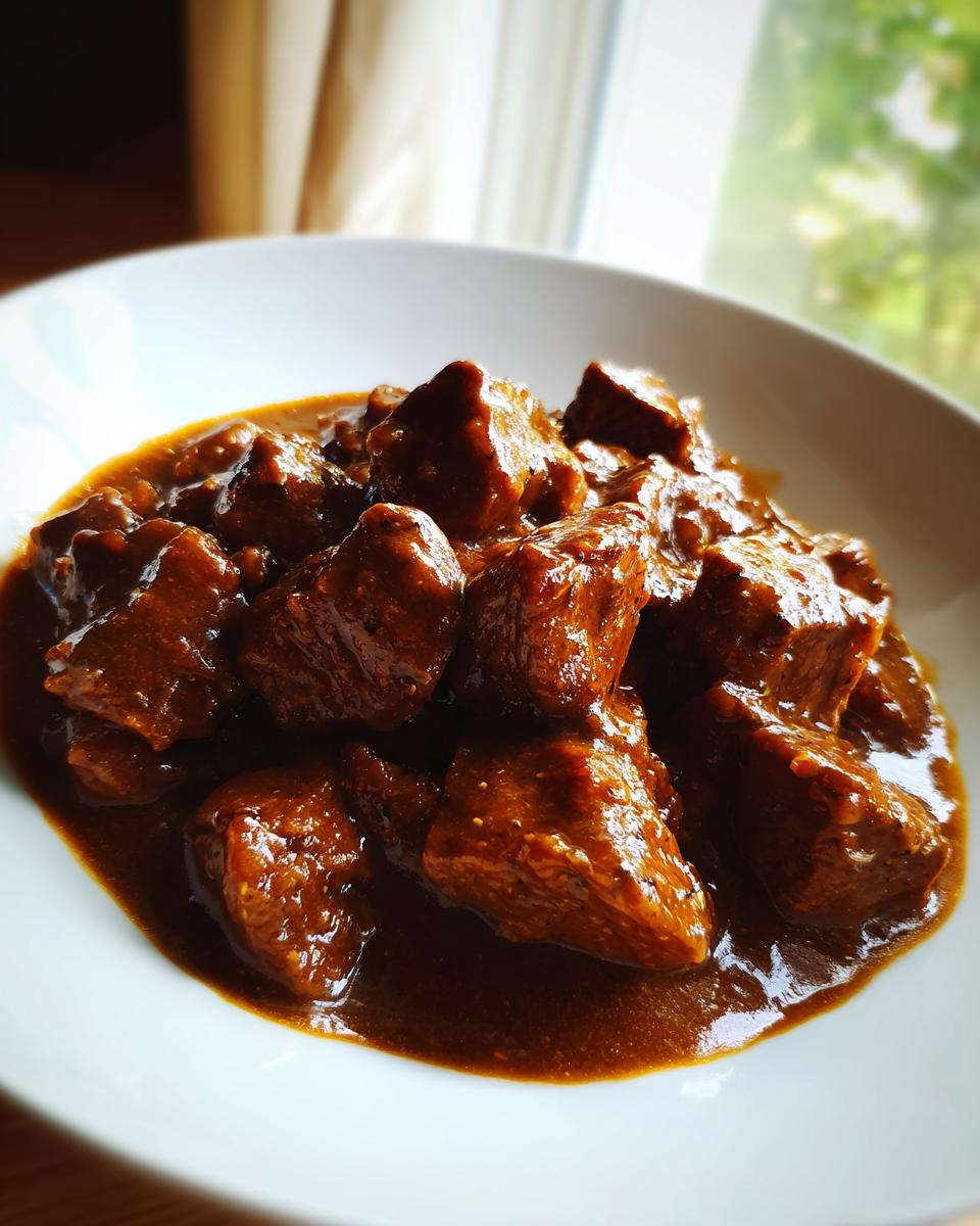 Close-up of tender crockpot beef tips coated in a rich, dark brown sauce served in a white bowl.