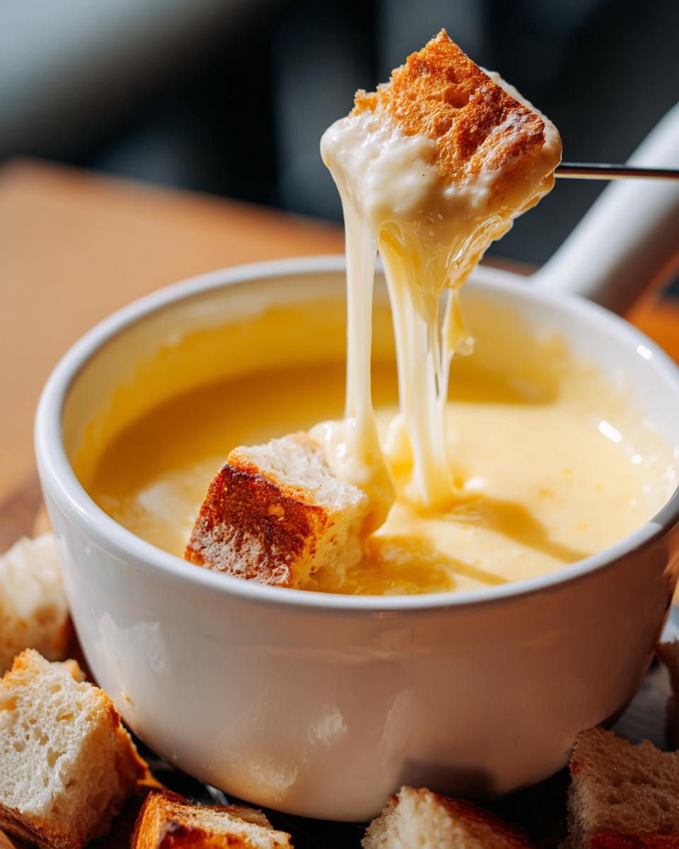 Close-up of crusty bread being dipped into a white bowl of melted cheese fondue recipe, showing long cheese pulls.