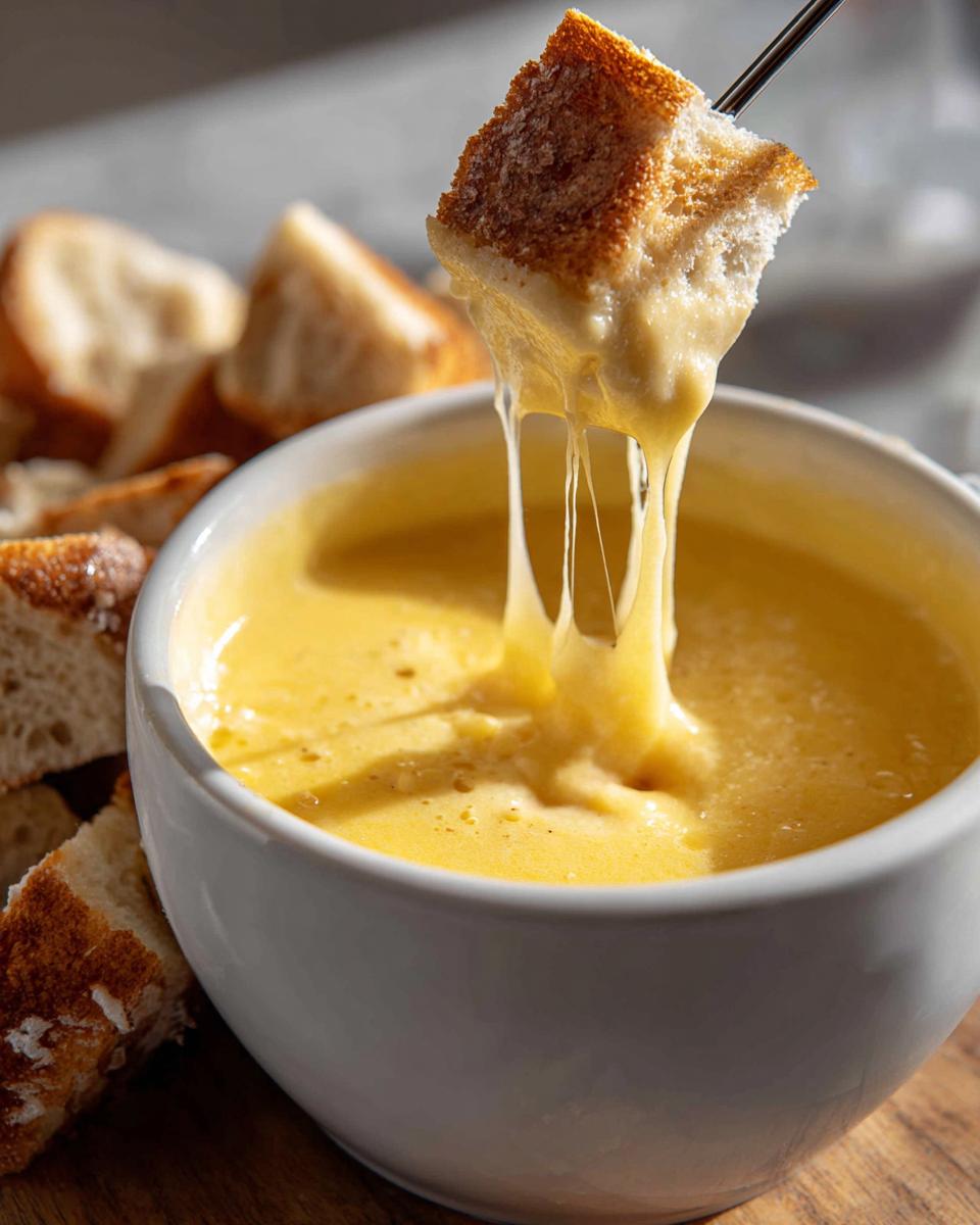 A piece of crusty bread being dipped into a white bowl of smooth, melted cheese fondue recipe, showing long cheese pulls.
