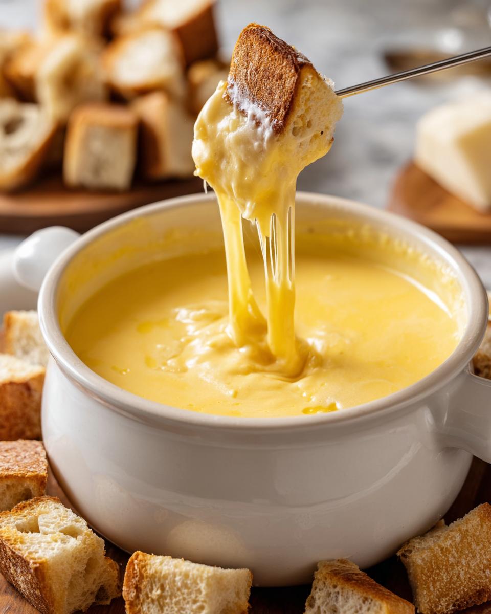 A piece of toasted bread is dipped into a pot of melted, stringy cheese fondue recipe.