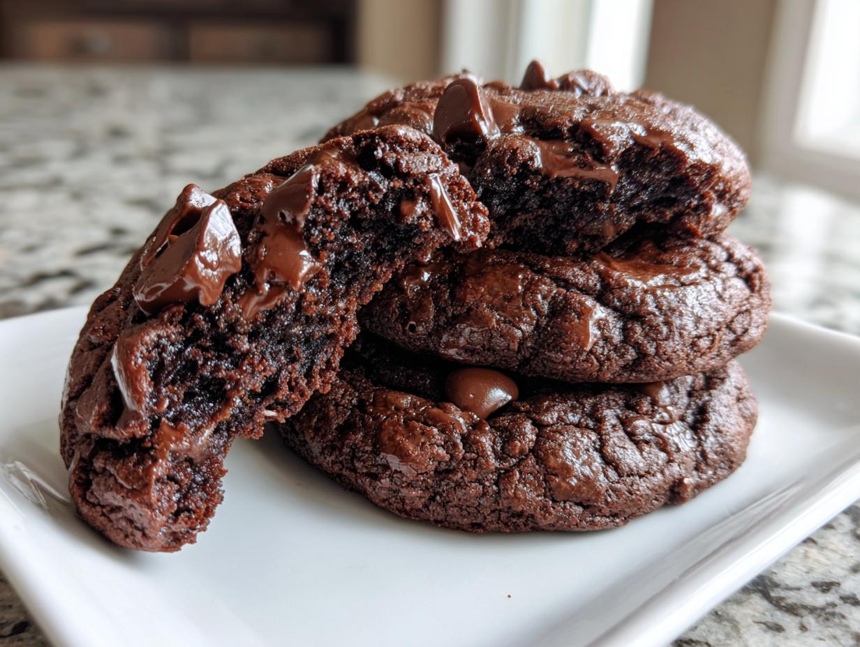 A stack of rich, dark double chocolate chip cookies, with one broken open showing a gooey, melted chocolate center.