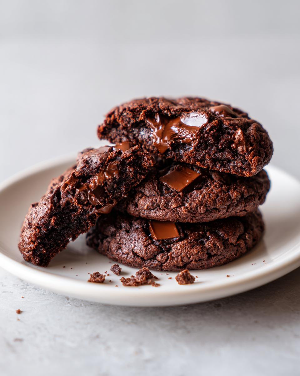 A stack of three rich, dark double chocolate chip cookies, one broken open showing gooey melted chocolate.