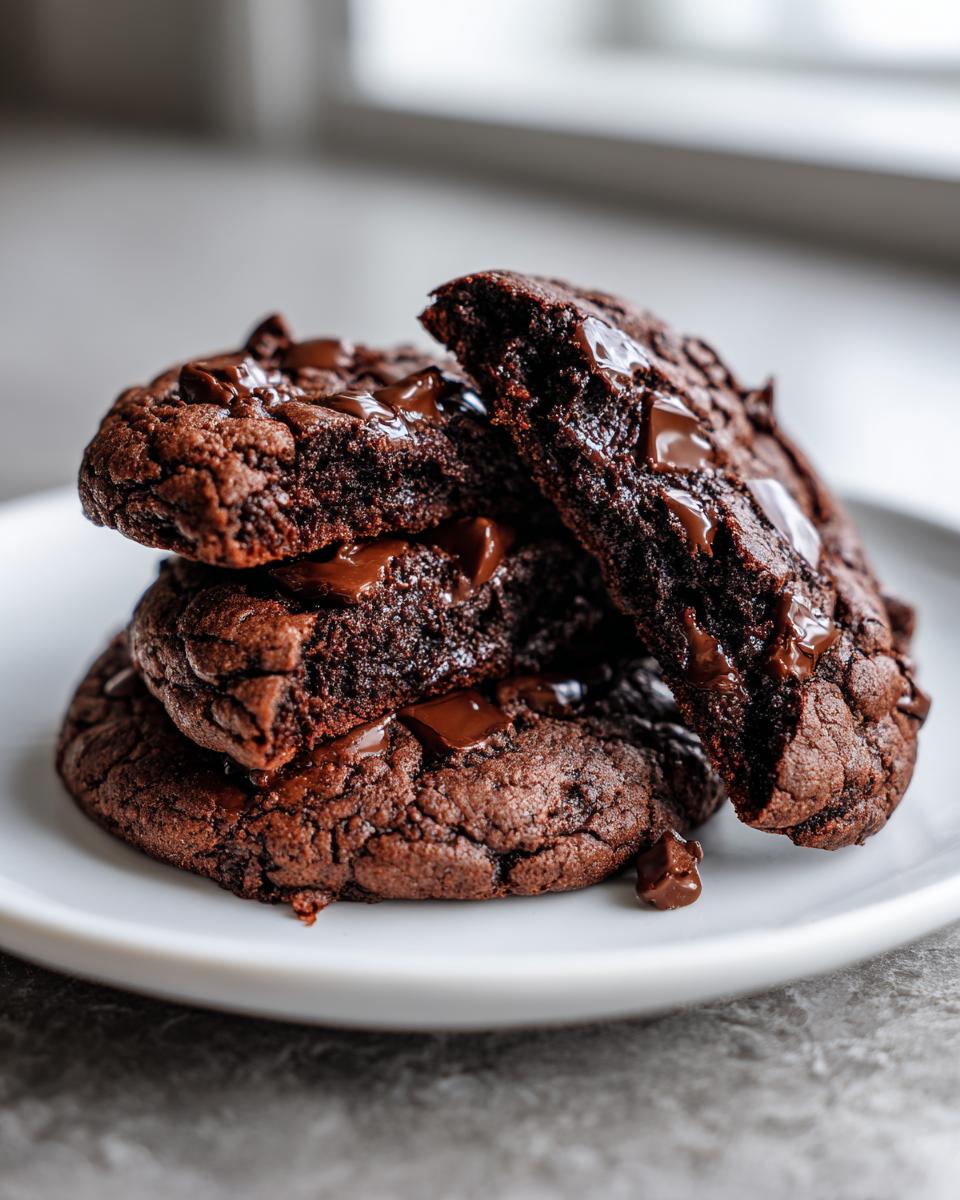 A stack of rich, dark double chocolate chip cookies with melted chocolate chips visible.