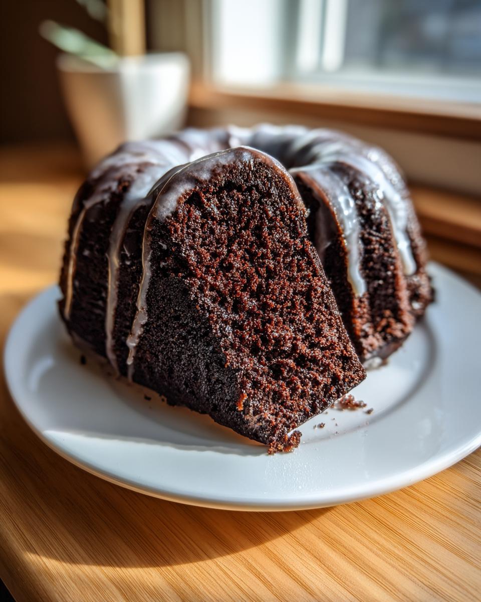 A slice cut from a dark chocolate Dr Pepper cake with white glaze drizzled over the top, sitting on a white plate.