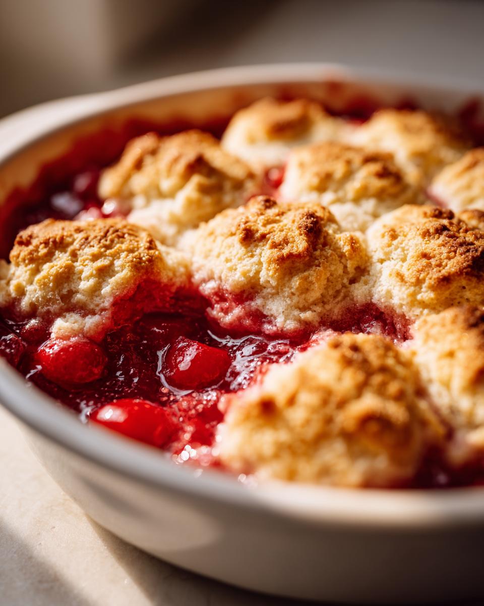 Close-up of bubbling, bright red filling and golden biscuit topping in an easy cherry cobbler baked in a white dish.