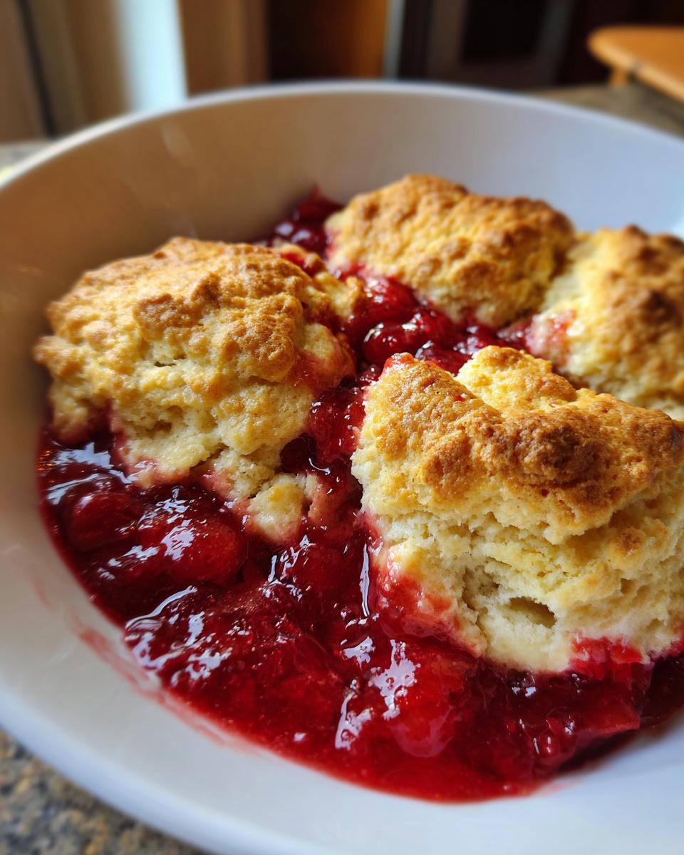 Close-up of a warm serving of easy cherry cobbler in a white bowl, featuring bright red cherry filling and golden biscuit topping.