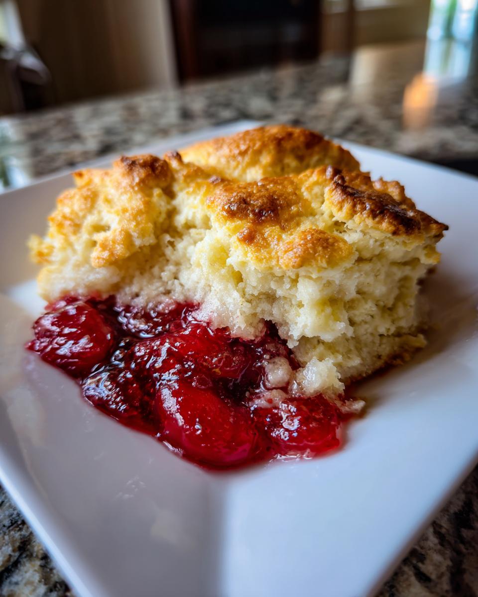 Close-up of a serving of easy cherry cobbler showing the golden biscuit topping and bright red cherry filling.
