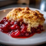 A close-up of a serving of easy cherry cobbler featuring bright red cherries and a golden, crumbly biscuit topping on a white plate.
