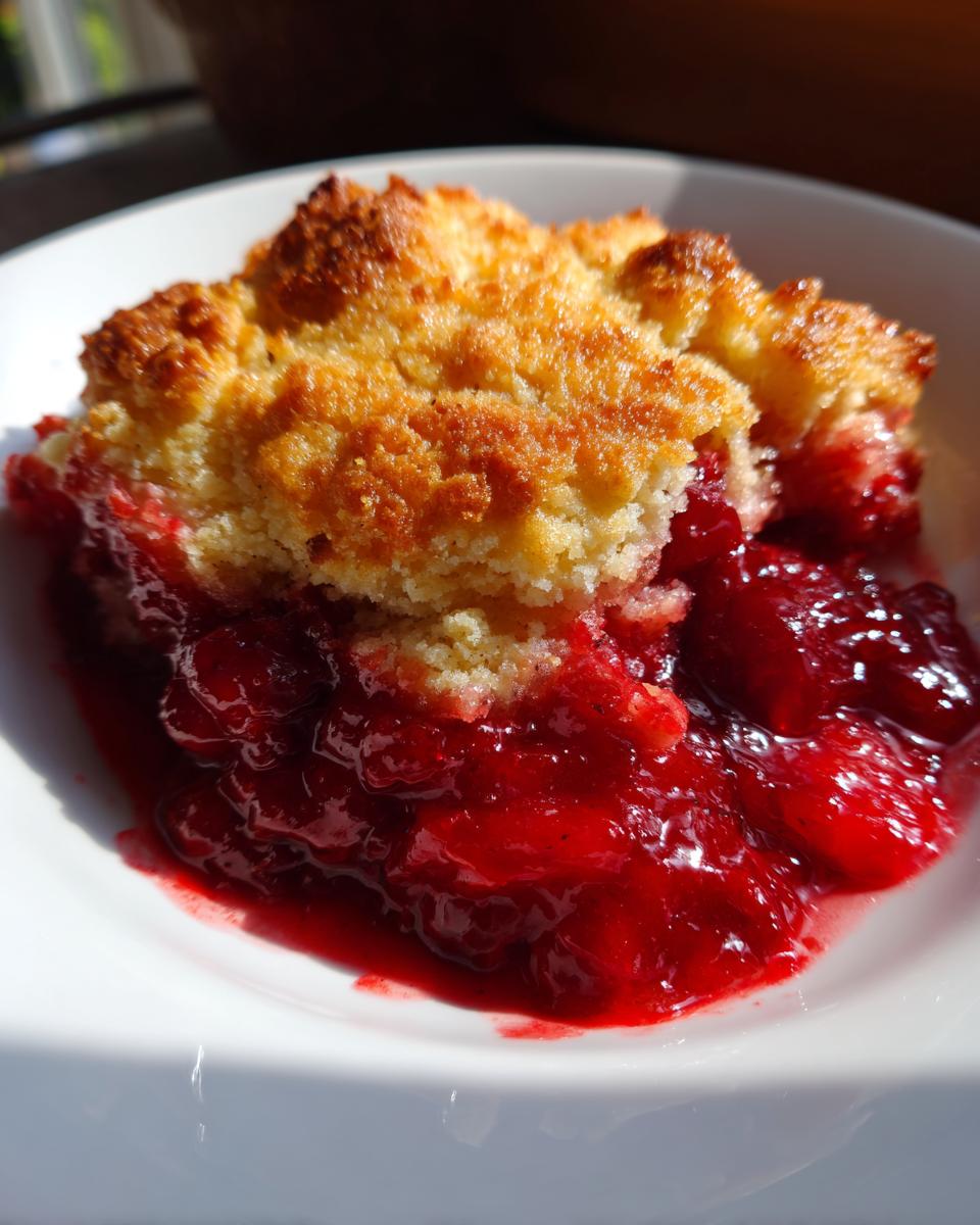 Close-up of a serving of easy cherry cobbler with a bright red, juicy filling and a golden, crumbly topping in a white bowl.