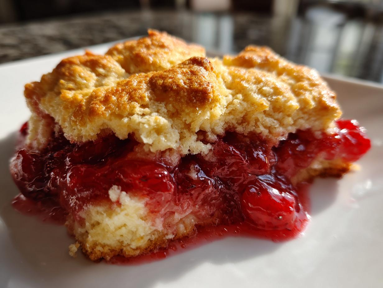 Close-up of a serving of easy cherry cobbler showing the thick, bright red cherry filling and golden, crumbly biscuit topping.