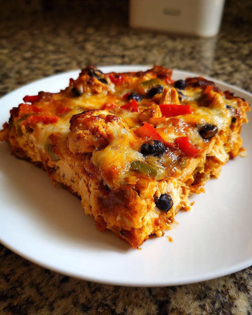 A close-up of a square serving of cheesy fajita chicken casserole topped with melted cheese, black beans, and peppers.