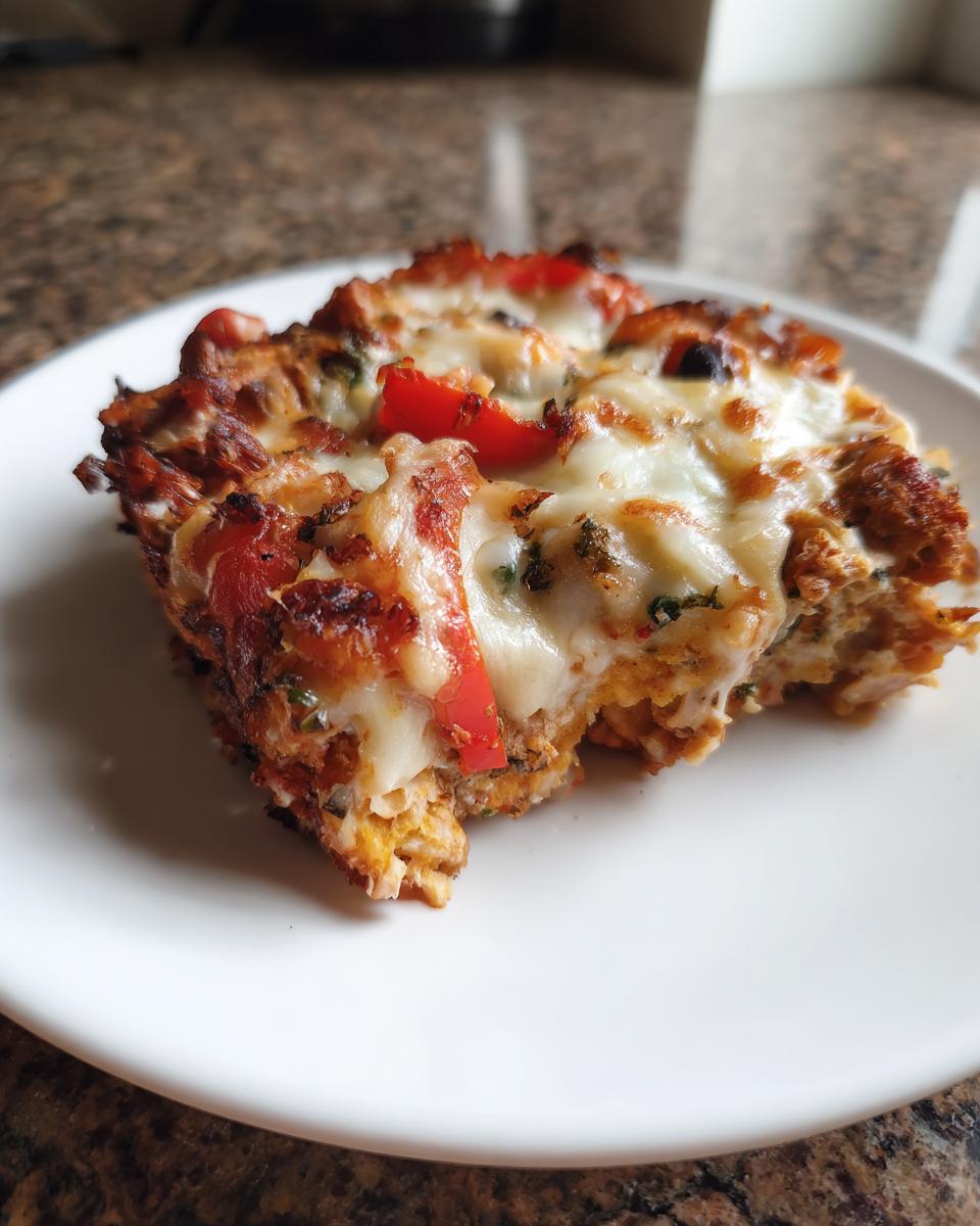 A close-up of a cheesy slice of fajita chicken casserole topped with melted white cheese and red peppers.