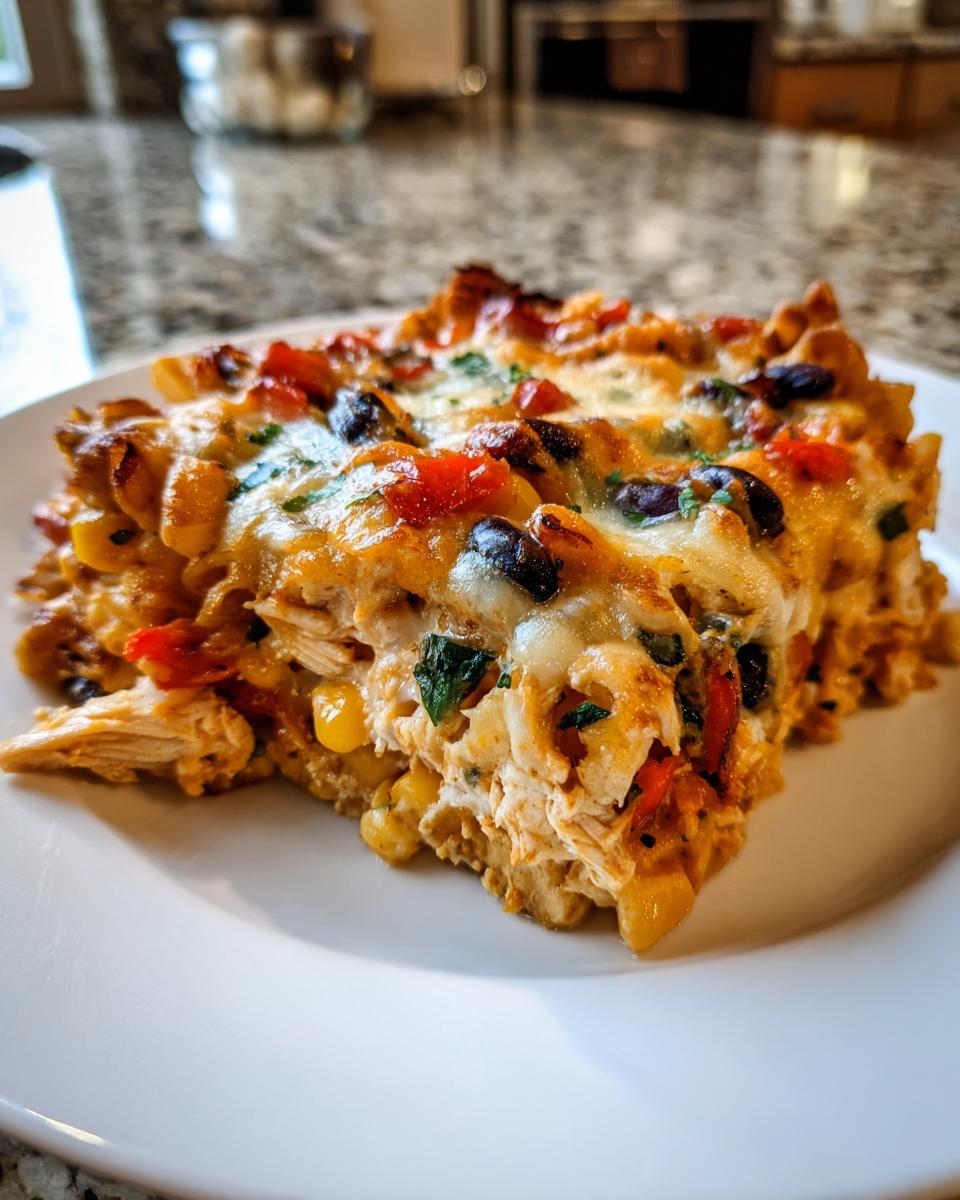 A close-up slice of cheesy fajita chicken casserole topped with melted cheese, black beans, corn, and peppers.