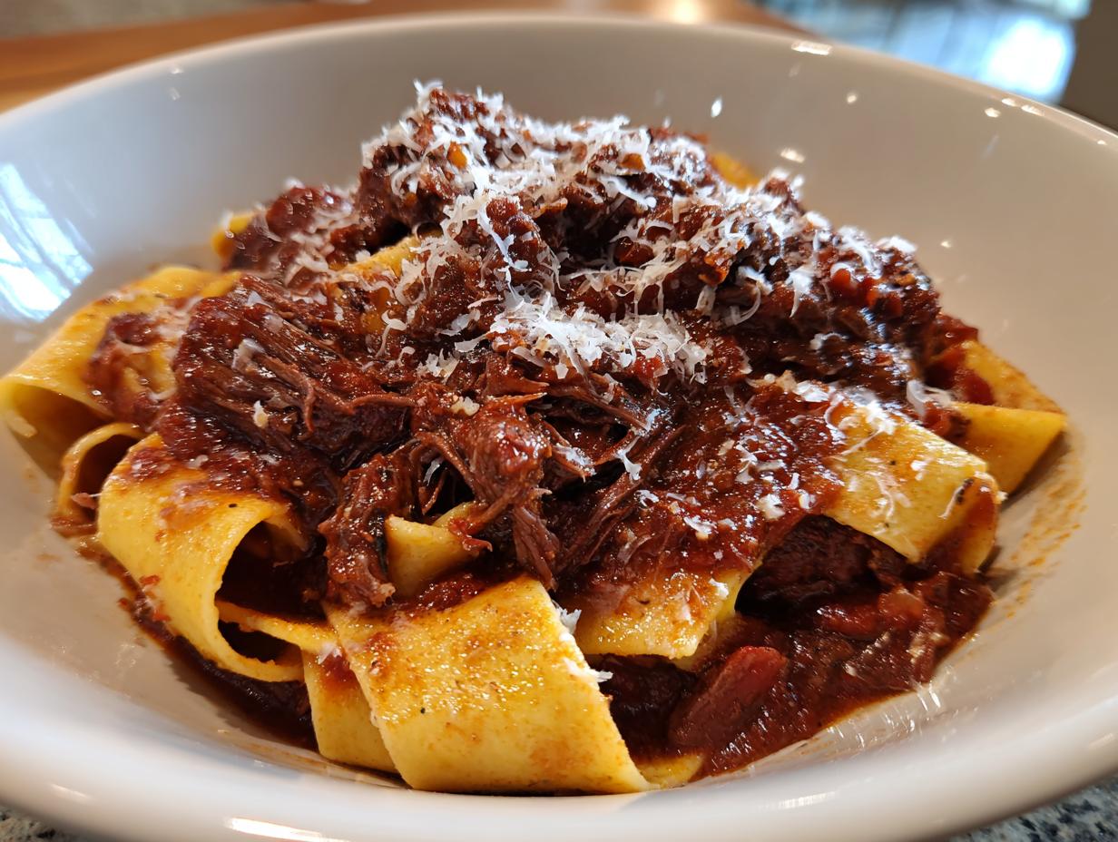 Close-up of rich, shredded beef ragu served over wide pappardelle pasta, topped with grated Parmesan cheese.