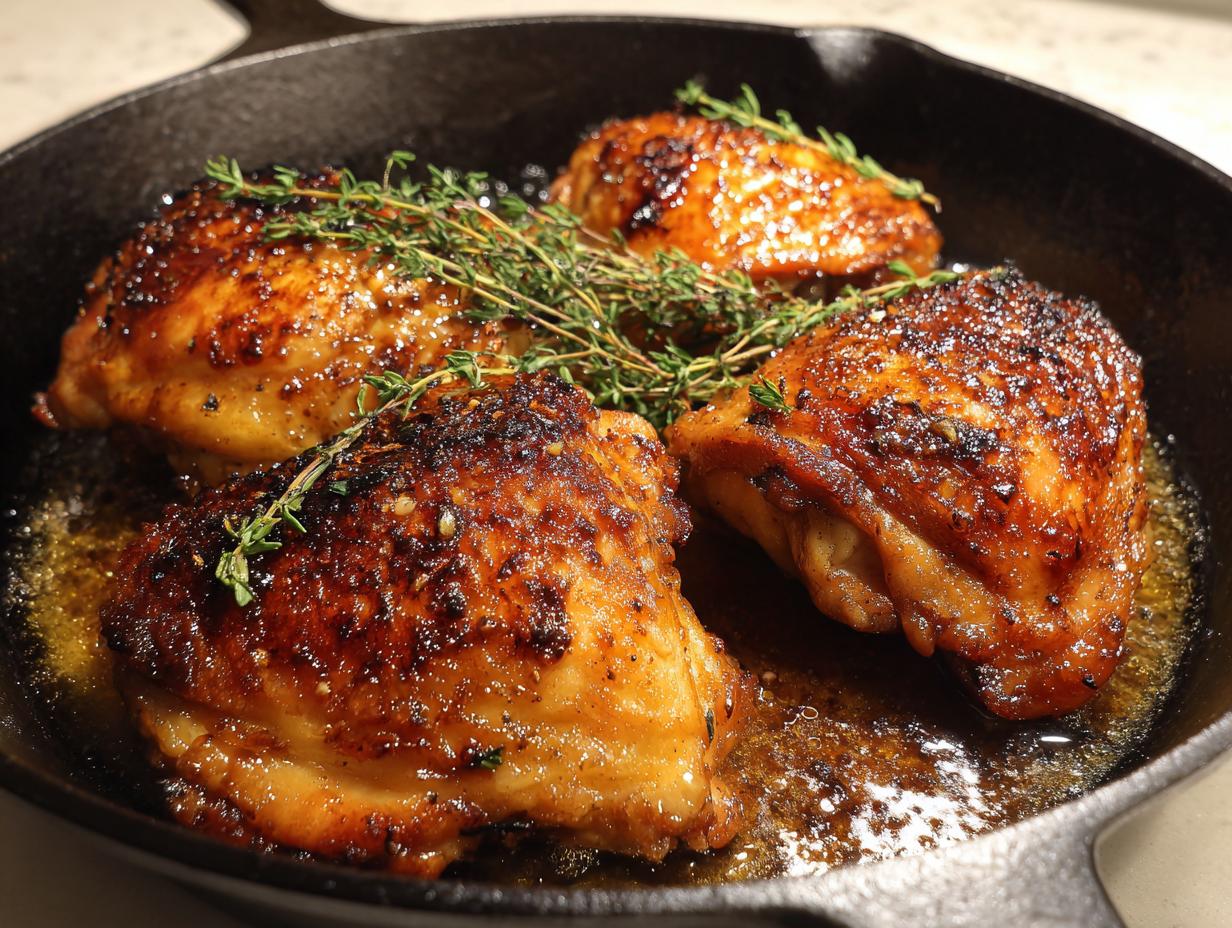Four perfectly browned and glazed cast iron skillet chicken thighs garnished with fresh thyme sprigs.