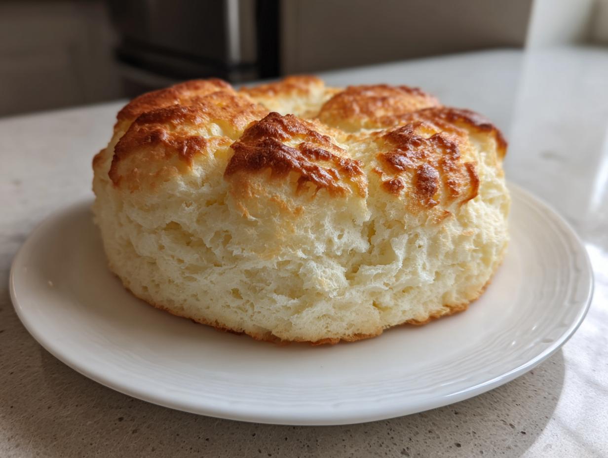 A single, round, fluffy piece of golden-brown baked cloud bread resting on a white plate.