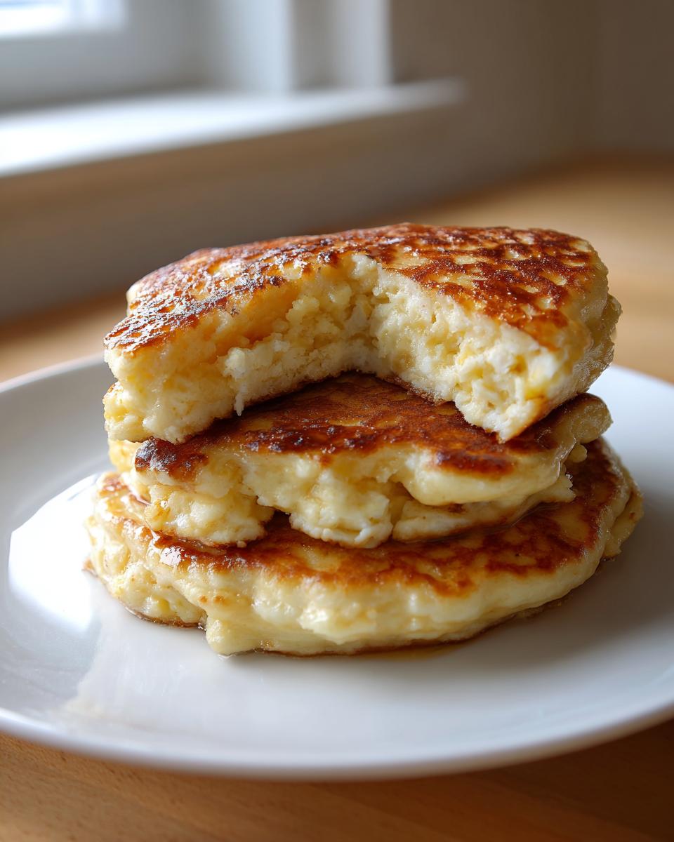 A stack of three fluffy banana cottage cheese pancakes with a bite taken out of the top one.
