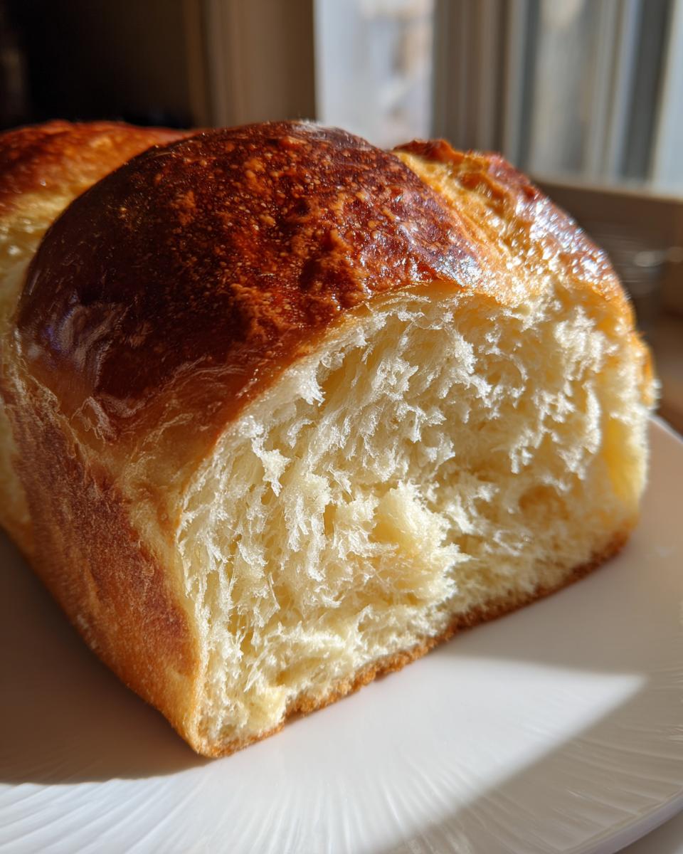 Close-up of a freshly baked brioche bread loaf showing its rich, golden-brown crust and soft, shredded interior texture.
