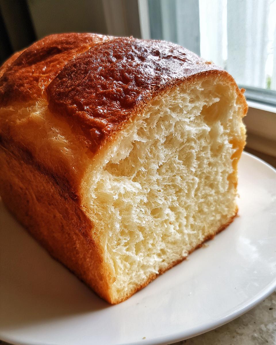 Close-up of a freshly baked brioche bread loaf showing its rich, golden crust and soft, airy interior crumb.