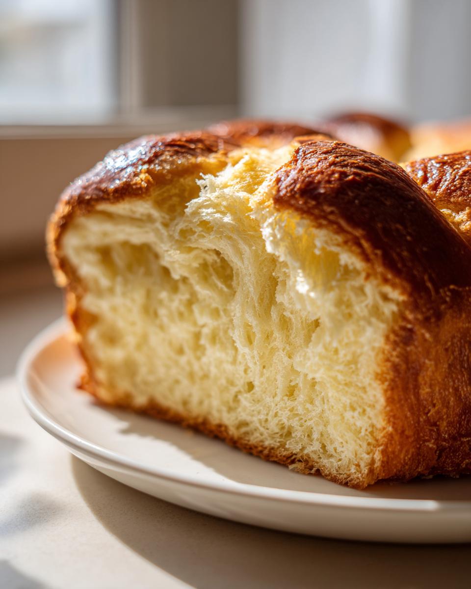Close-up of a slice of rich, golden brioche bread showing its soft, fluffy, and yellow interior crumb.
