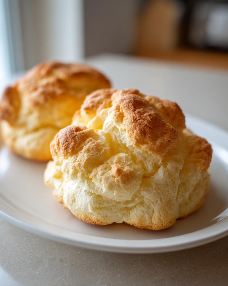 Close-up of two golden-brown, airy cloud bread pieces resting on a white plate.