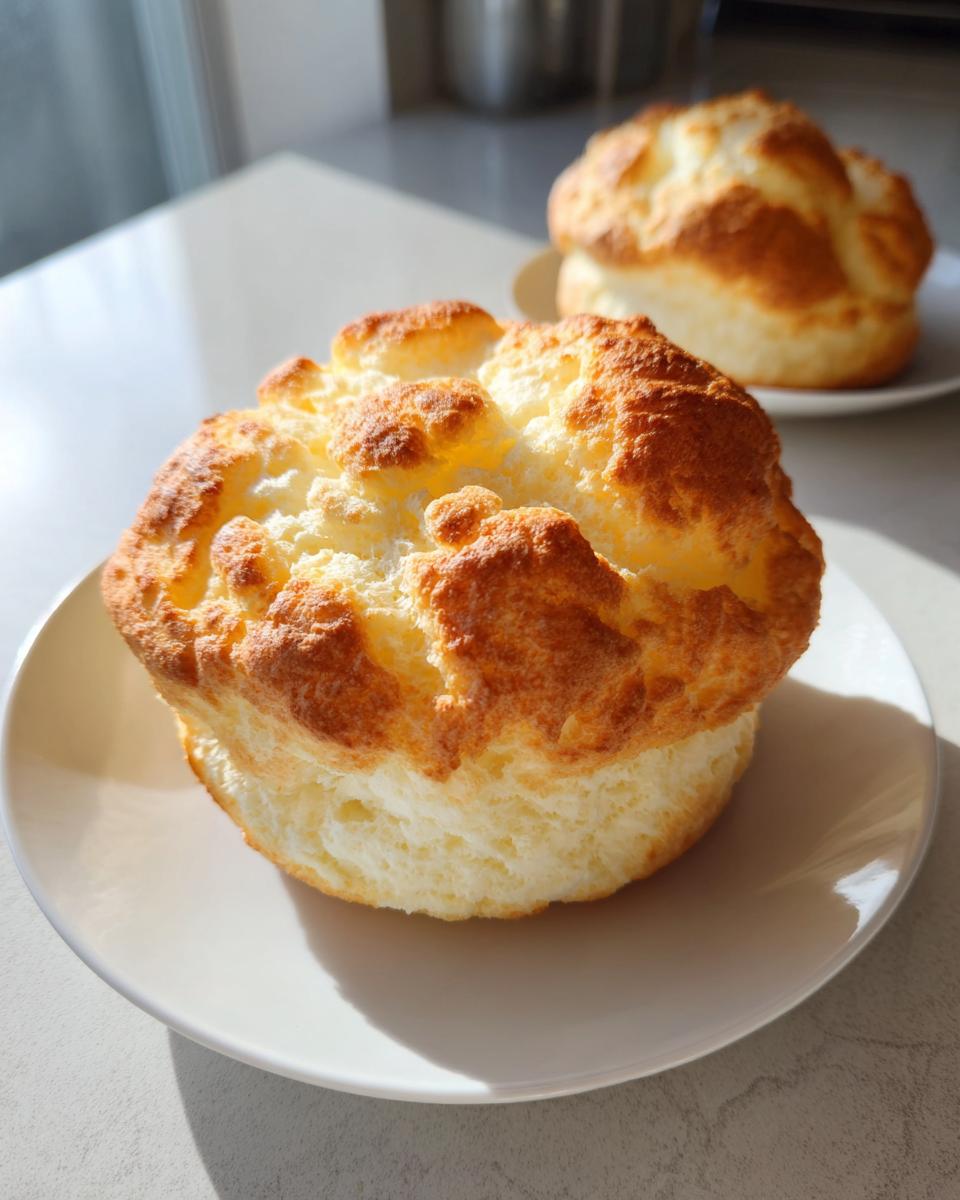 Two golden-brown, fluffy cloud bread portions served on small white plates in bright sunlight.