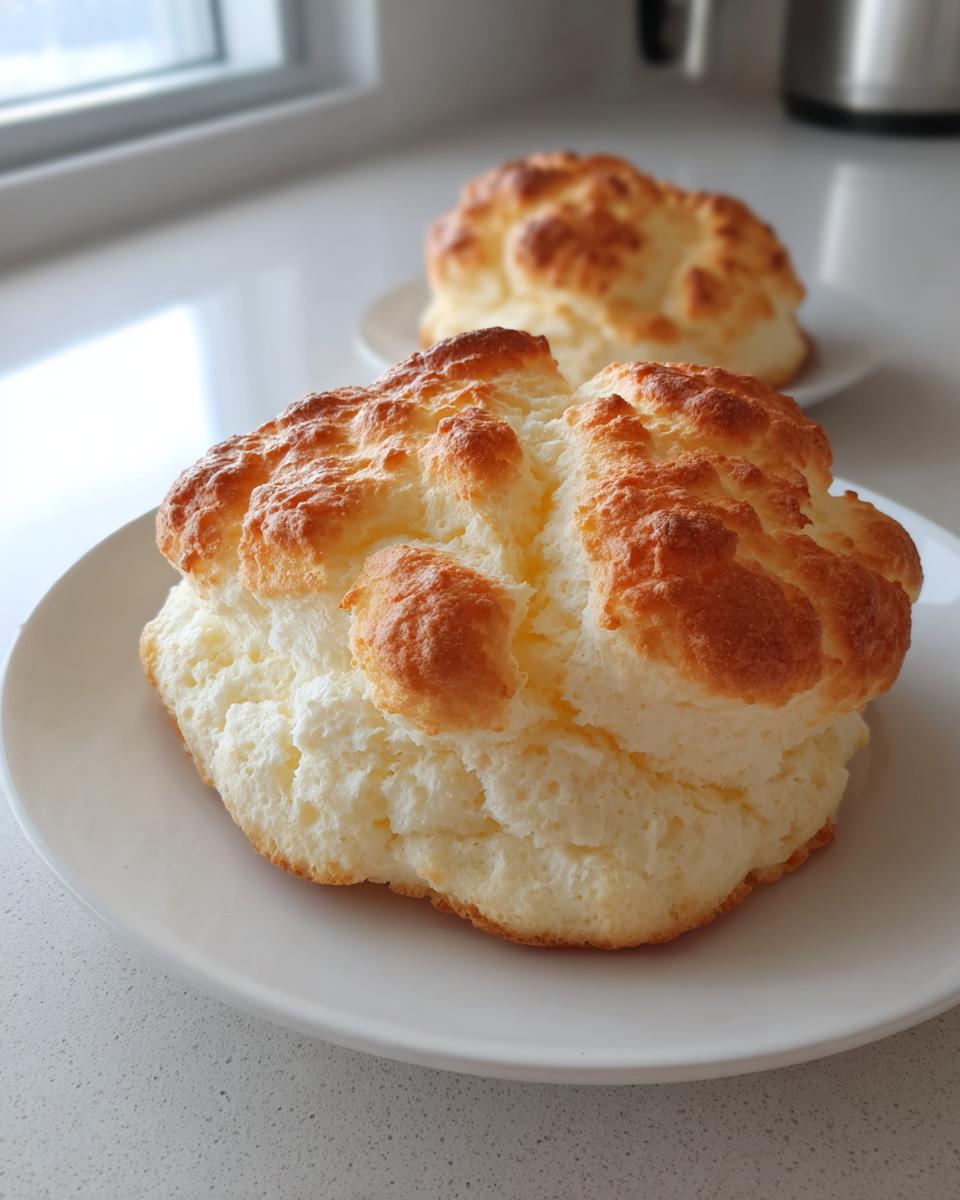 Two freshly baked, golden-brown cloud bread pieces resting on white plates on a kitchen counter.