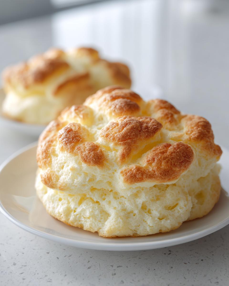 Close-up of a perfectly baked, light and airy piece of cloud bread resting on a small white plate.