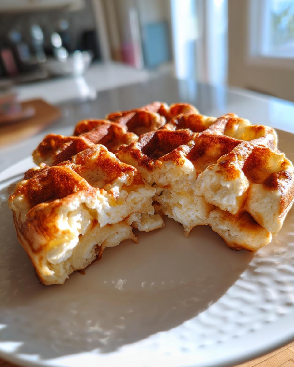 Close-up of fluffy cottage cheese waffles, one broken in half showing the airy interior texture.