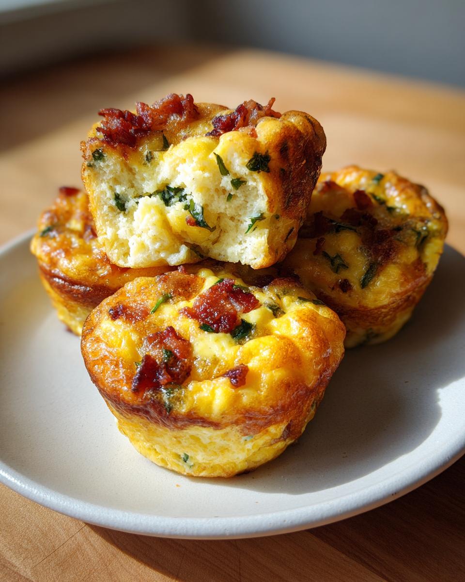 A stack of three fluffy keto egg bites topped with bacon bits and green herbs, one is broken open.