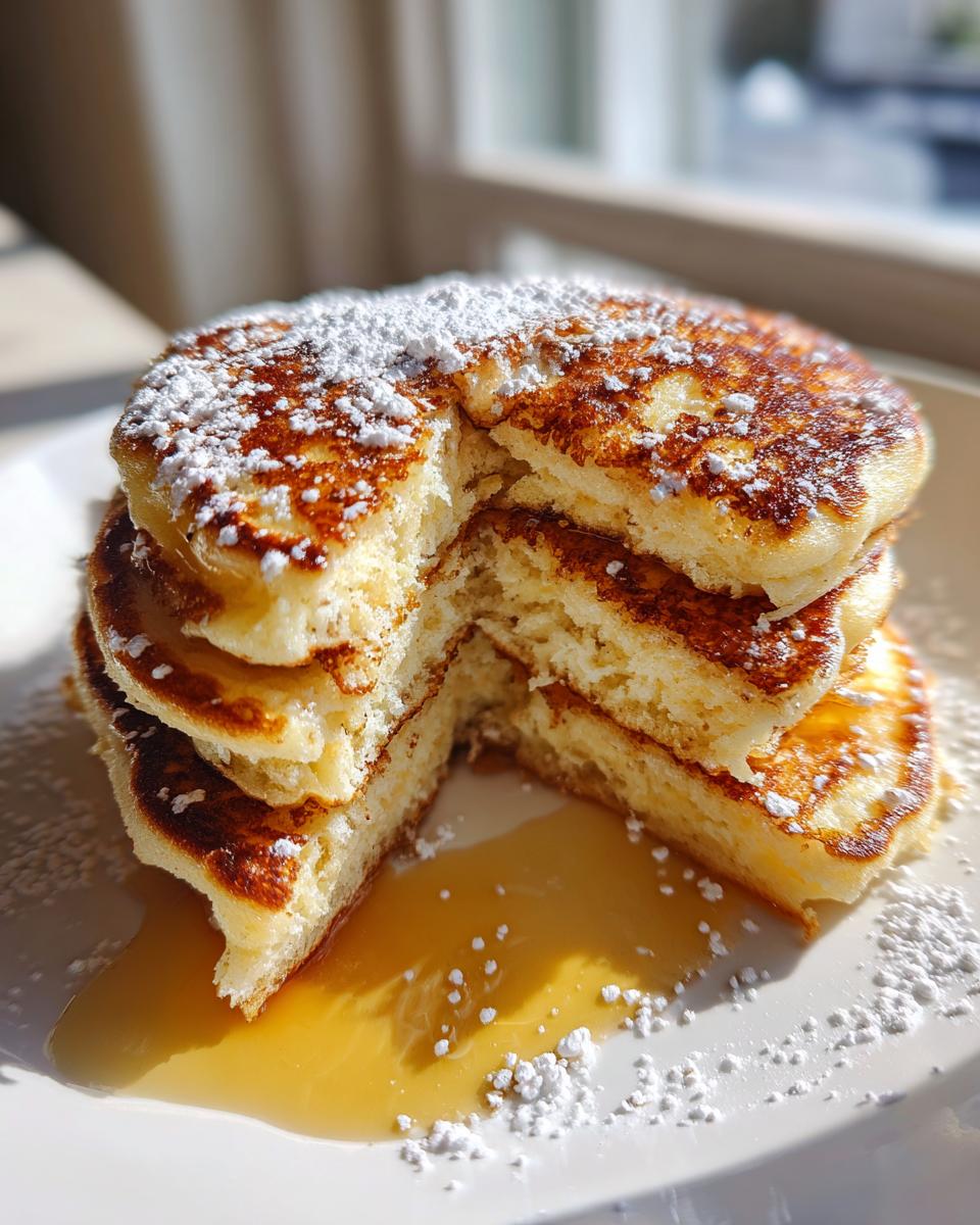 A stack of fluffy Lemon ricotta pancakes cut open, drizzled with syrup and dusted heavily with powdered sugar.