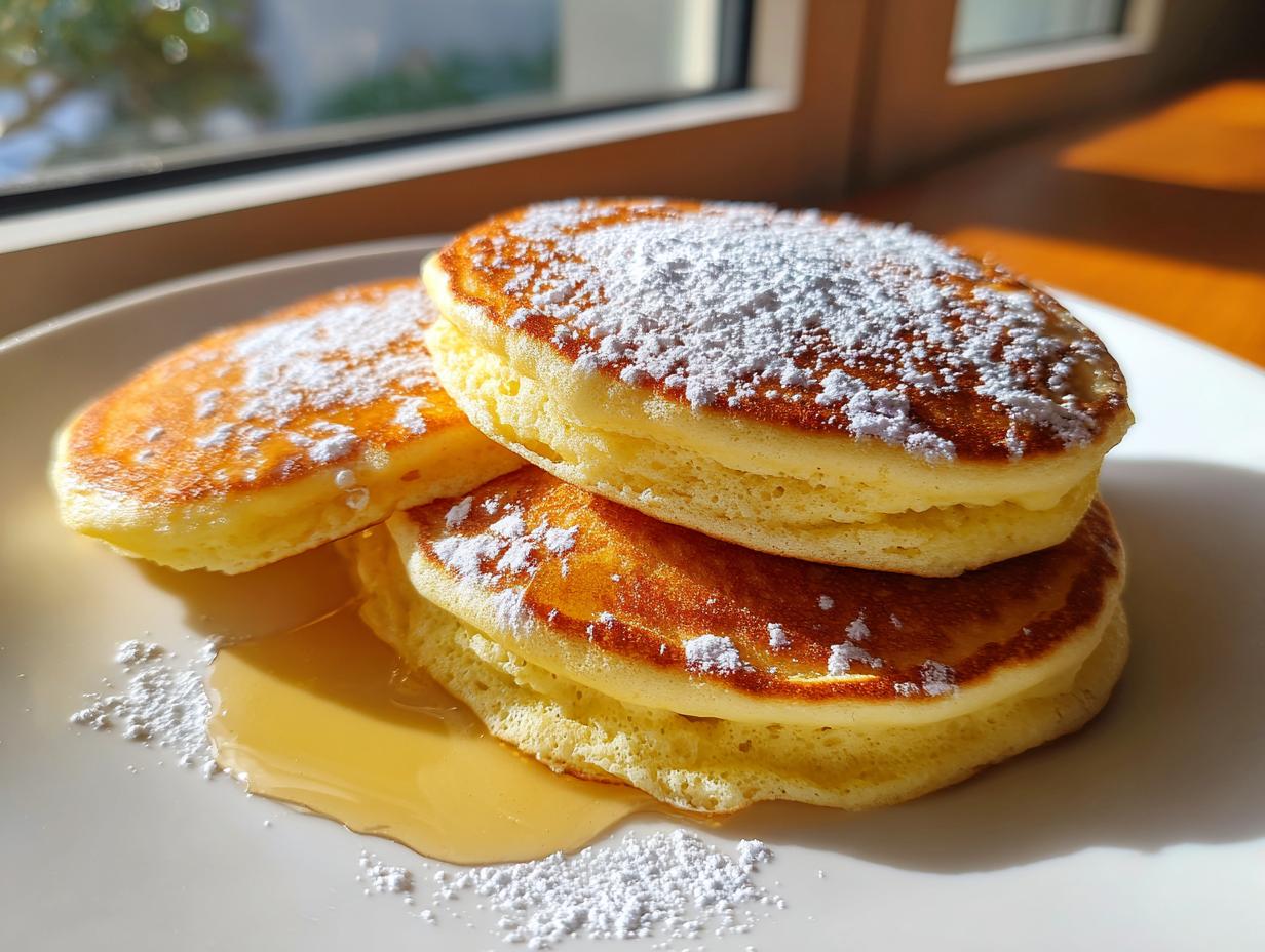 A stack of fluffy Lemon ricotta pancakes topped with powdered sugar and drizzled with syrup on a white plate.