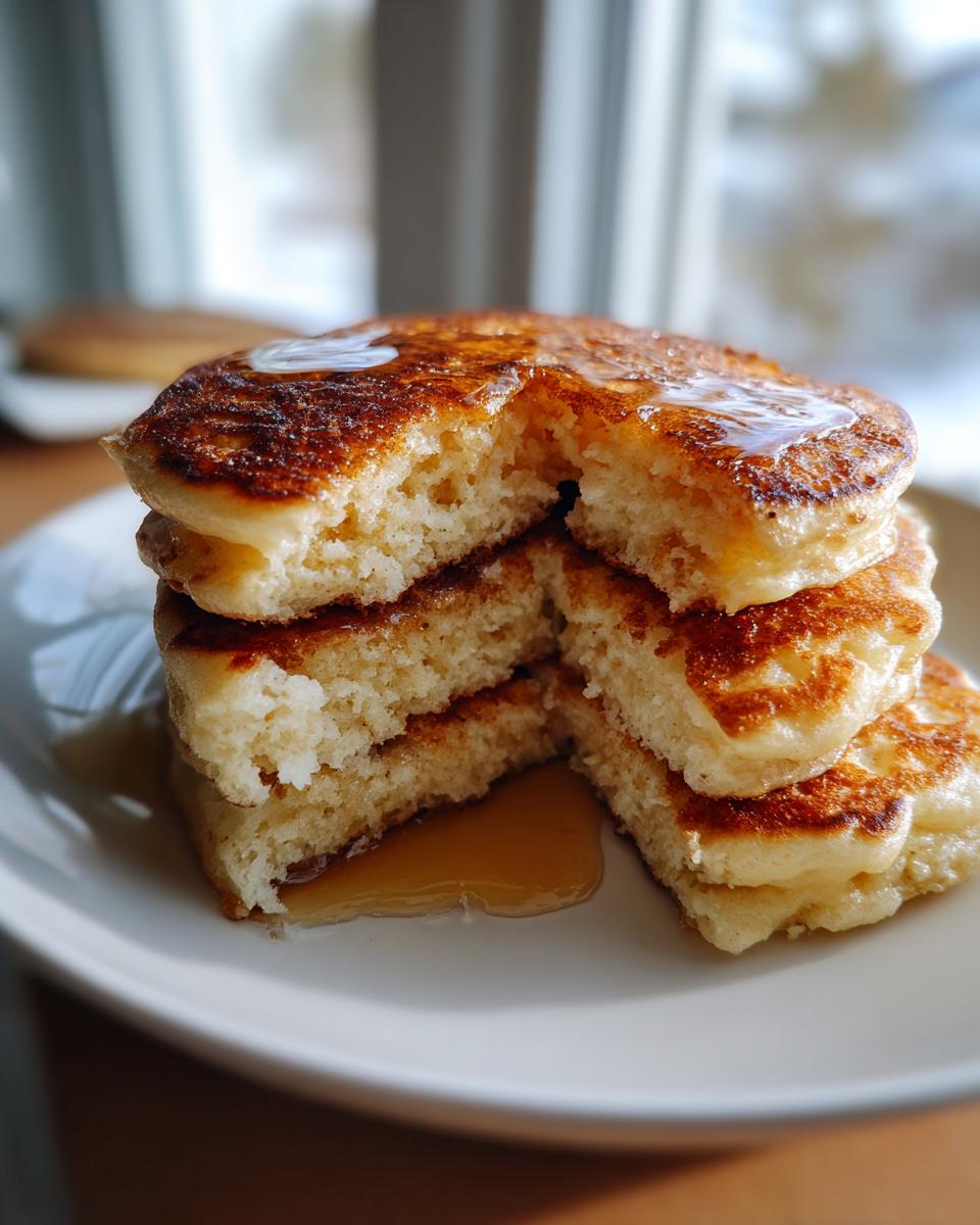 Close-up of a stack of fluffy muffin mix pancakes cut open, drizzled with syrup.