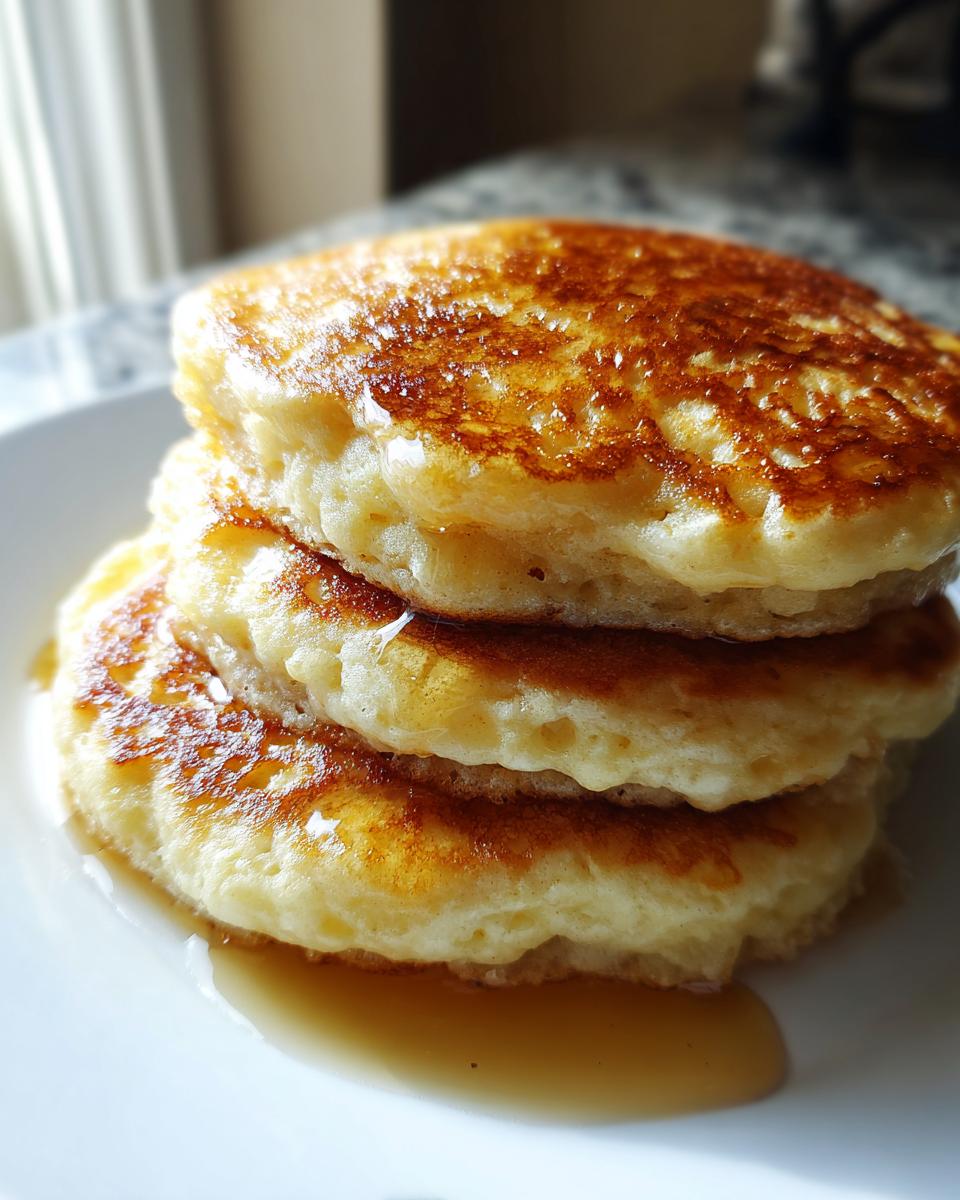 Close-up of a stack of three fluffy muffin mix pancakes drizzled generously with golden syrup.