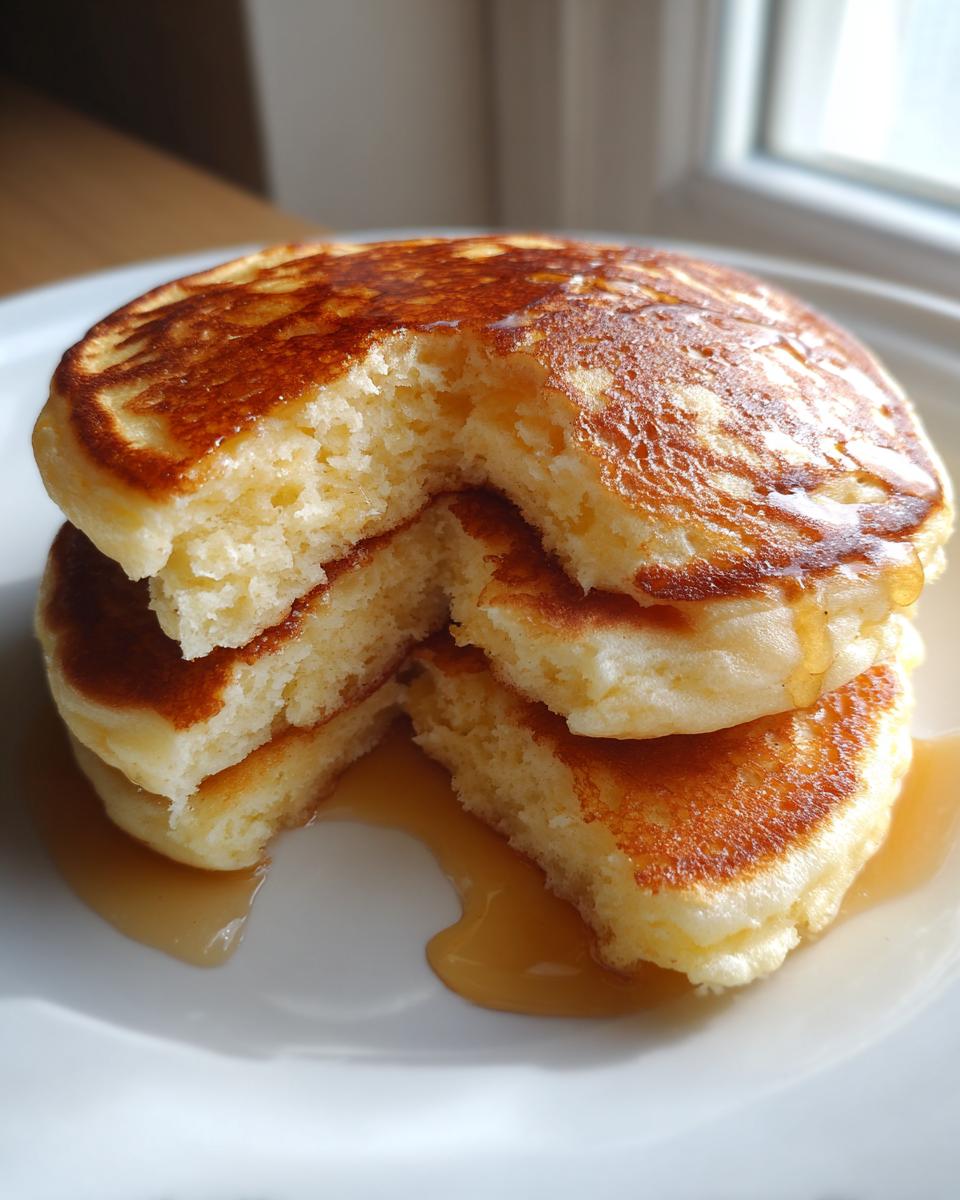 A stack of three fluffy muffin mix pancakes with a bite taken out, drizzled with syrup on a white plate.